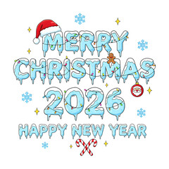 Naklejka premium Icy Blue Merry Christmas 2026 Happy New Year Text Graphic 