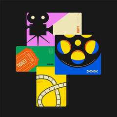 Modern retro film and cinema poster template. Decorated with overlap of vintage camera, movie ticket, film reel on black background