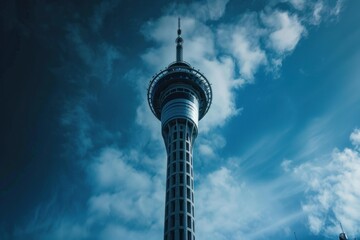 Sky tower reaching high above the clouds in auckland, new zealand, showcasing its impressive architecture against a vibrant sky