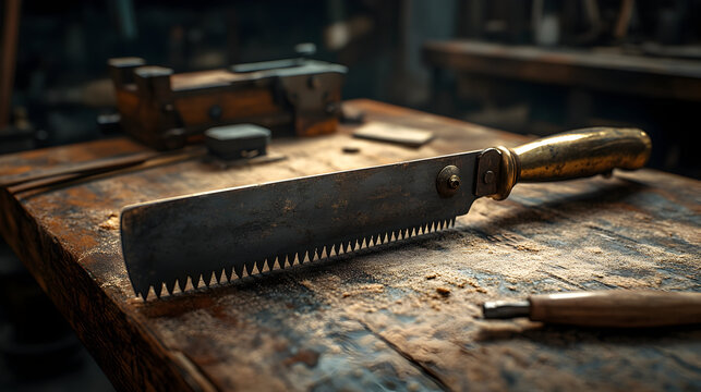 Vintage saw on workbench woodworking scene