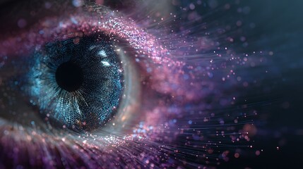 AI eye hologram observing data streams, glowing purple and blue particle flow, cybersecurity monitoring system concept