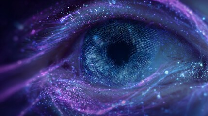 AI eye hologram observing data streams, glowing purple and blue particle flow, cybersecurity monitoring system concept