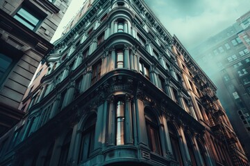 Low angle view of an elegant cast iron building facade on a moody day in new york city, showcasing intricate architectural details