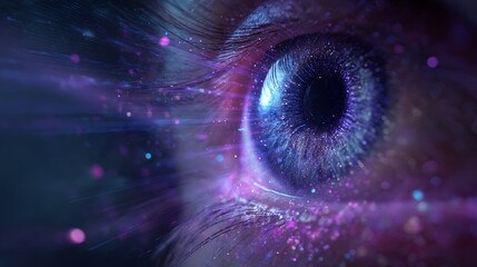 AI eye hologram observing data streams, glowing purple and blue particle flow, cybersecurity monitoring system concept