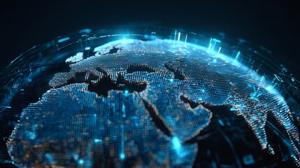 AI-powered globe monitoring global digital transactions, holographic grid map with glowing blue alerts, fintech fraud detection