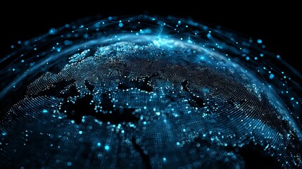 AI-powered globe monitoring global digital transactions, holographic grid map with glowing blue alerts, fintech fraud detection