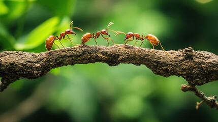 Ants collectively building bridges, demonstrating teamwork spirit, perseverance and unity. Suitable for educational materials, inspirational posters, team culture promotion and public welfare ads