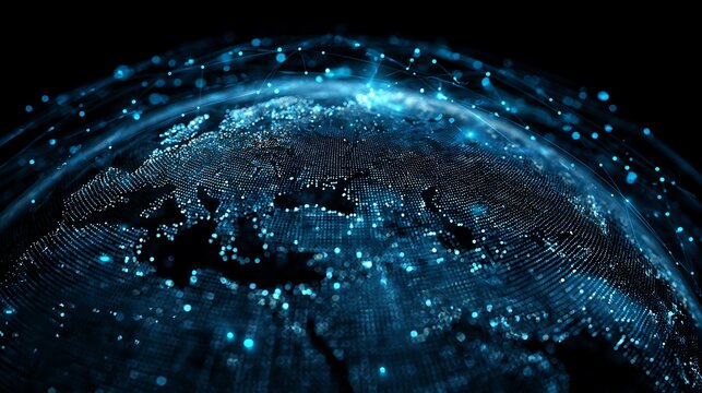 AI-powered globe monitoring global digital transactions, holographic grid map with glowing blue alerts, fintech fraud detection