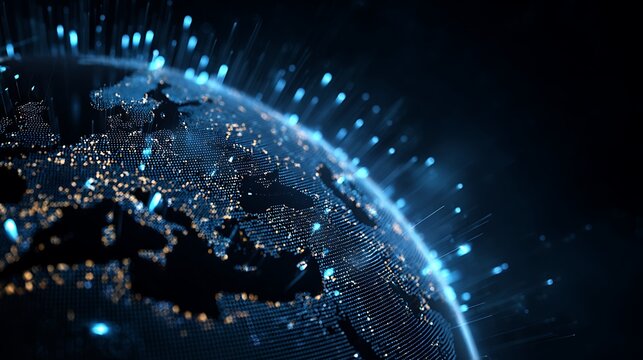 AI-powered globe monitoring global digital transactions, holographic grid map with glowing blue alerts, fintech fraud detection