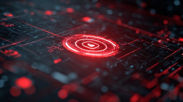 Futuristic user interface with red alert on suspicious transaction, holographic grid background, AI fintech protection