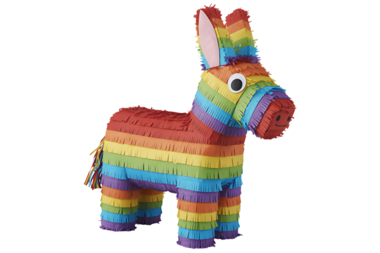 Colorful rainbow striped donkey pi ata with big eyes isolated on transparent background
