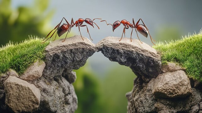 Ants collectively building bridges, demonstrating teamwork spirit, perseverance and unity. Suitable for educational materials, inspirational posters, team culture promotion and public welfare ads