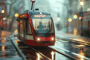 Red tram driving on a wet rainy evening in the city with its headlights on