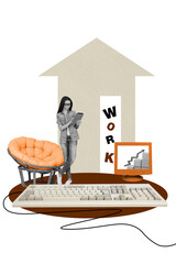 Trend artwork image photo collage of surreal space line young lady office manager remote job armchair keypad monitor pc home workplace