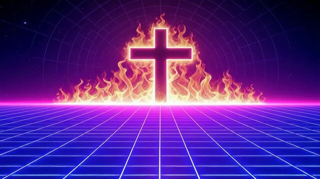Christian cross burning with retro synthwave grid.