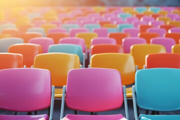 Obraz premium Rows of colorful stadium seats arranged in a patterned formation under soft sunlight