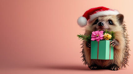 A cute hedgehog wearing a Santa hat and holding a gift, set against a soft pink flat background. The design features plenty of blank space, making it perfect for New Year and Christmas themes.