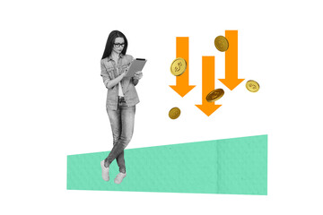 Composite photo collage of serious girl hold ipad device arrow down money problem recession bankrupt fall isolated on painted background