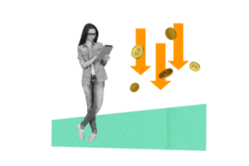 Composite photo collage of serious girl hold ipad device arrow down money problem recession bankrupt fall isolated on painted background