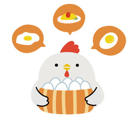 卵を持って卵料理をイメージしているニワトリのイラスト