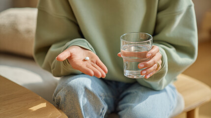 Close up of young woman hands holding a single white pill and a glass of water - Medication, drugs and painkiller concept - Model by AI generative