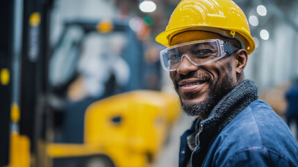 Afrcian american warehouse worker man smiling on camera while wearing helmet with forklift in background - Industrial occupation concept - Model by AI generative