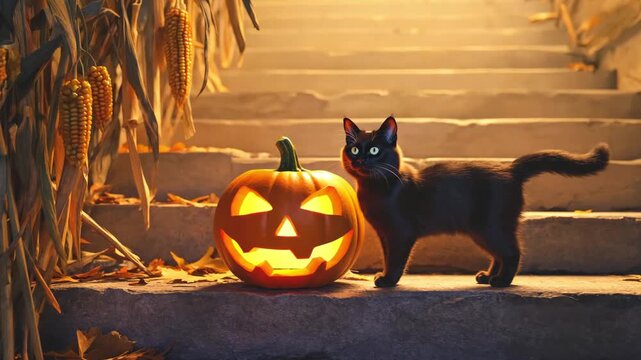Black cat in autumn forest with pumpkin	