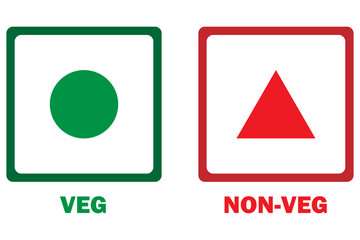 Veg and non-veg food icon dot and triangle. Vegetarian and non-vegetarian symbols. Green dot and red dot in squares. Vegan and non-vegan food labels. Vector illustration.