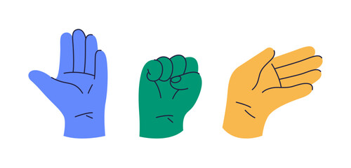 Fototapeta premium Open and closed palms with fingers. Vector clenched fist ready to fight, rebellion or defense and greeting or waving gesture sign. Non verbal communication. Gestures expressing emotions