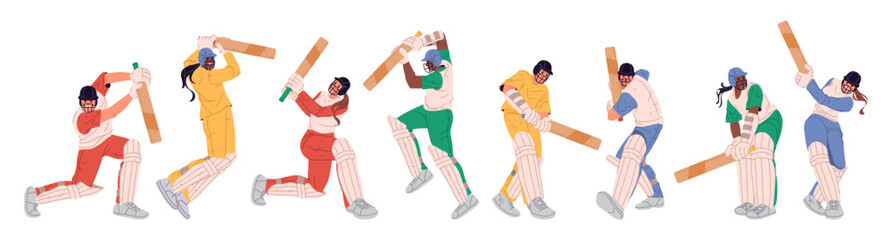 Cricket players in full action pose with bat raised. Vector isolated professional sportsmen wearing helmet and uniform, striking ball with power and precision. Sport competition or training
