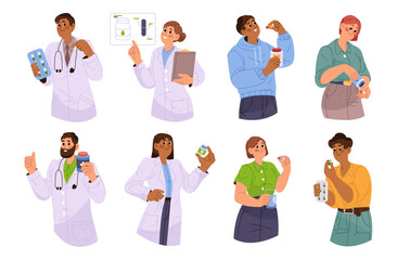 Obraz premium Doctors showing pills and medicine to patients. Vector isolated set of pharmacist giving prescriptions to people. Personages taking medication, healthcare and remedy for illness and cure for sickness