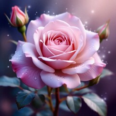 Close-up of a fully bloomed pink rose with buds on the sides. The background is a blurry combination of dark blue and purple hues.