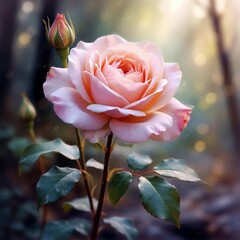 Close-up of a fully bloomed pink rose with buds on the sides. The background is a blurry combination of dark blue and purple hues.