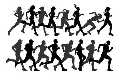 Obraz premium Silhouette of crowd of people running together in one direction. Vector personages in dynamic motion, group jogging or marathon participants. Fitness or competition. Sport activities and health