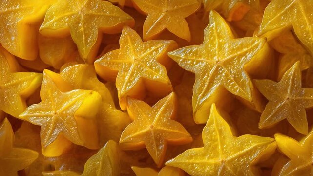 Yellow star-shaped slices of starfruit (carambola) piled together.