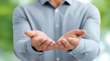 Caucasian male in business attire holds out cupped hands in welcoming gesture against soft green background, representing support, giving, and professional service.