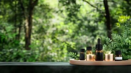 Essential oil bottles and natural cosmetic products on wooden tray against blurred green forest background, wellness and aromatherapy concept for spa and beauty.