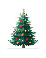 Fototapeta premium Decorated Christmas tree with red and gold ornaments, star topper, and layered green branches on white background, ready for holiday designs and seasonal projects.