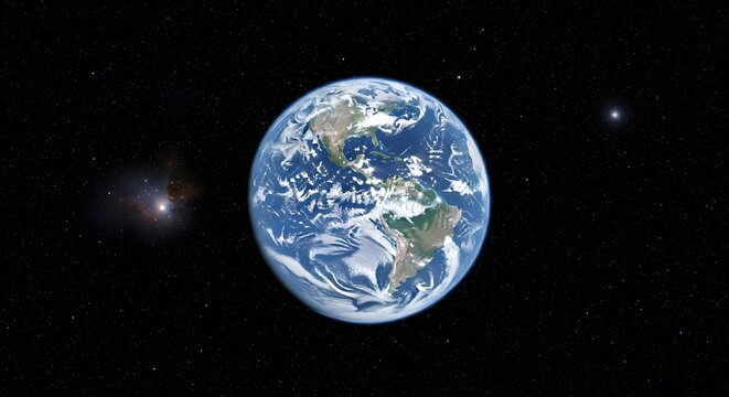 Photo of the earth clearly completely round completely in outer space with a busy galaxy background of lights and stars colored blue yellow orange and other galaxy decorations - Powered by Adobe
