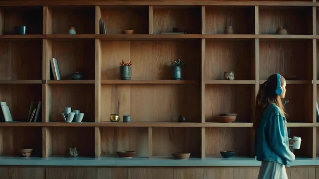 A person with blue headphones walks past a wall of wooden cubbies filled with pots, bowls, and small plants.