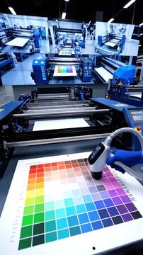 A handheld device in blue-gloved hand checks a color chart printed by industrial printing equipment