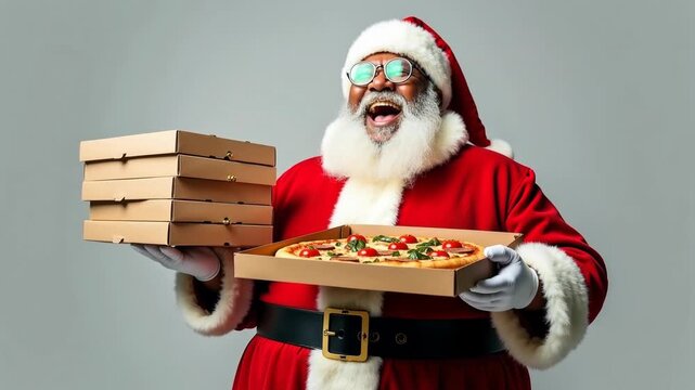 smiling Santa Claus holds two stacked pizza boxes, wearing festive red suit with white fur, conveying joyful mood in gray setting, Christmas, holiday spirit, pizza, celebration., World Pizza Day