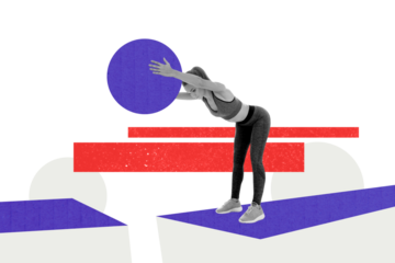 Creative photo collage young attractive woman intense training gymnast huge ball circle exercise warmup bodycare drawing background