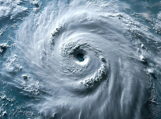 Aerial view of massive spiral hurricane over ocean waters showing distinct eye formation and cloud bands, captured from space in dramatic detail.