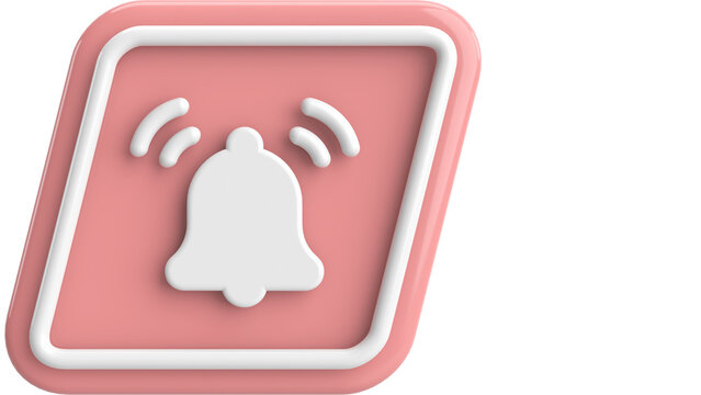 3D illustration of a bell notification icon in soft pink, perfect for digital alerts, notifications, and communication messaging design concepts