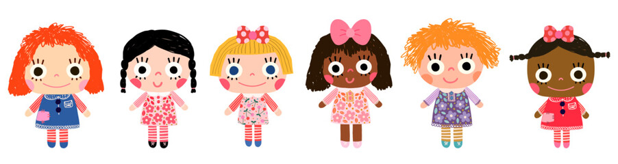 Cute hand painted vector dolls set with dresses and bows,Kawaii toy illustration for kids and baby designs