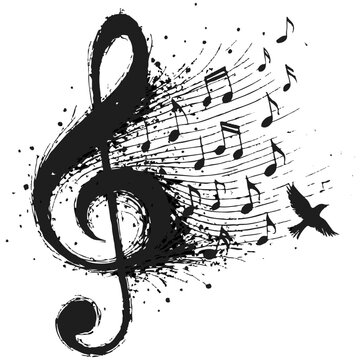  Bold, grunge-style illustration featuring a large treble clef and flowing notes, with splatters and a perched bird. Perfect for music, art, and creative media projects.