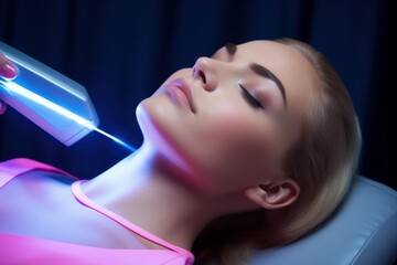 Beautician performing innovative skin rejuvenation treatment using a laser tool on a relaxed woman