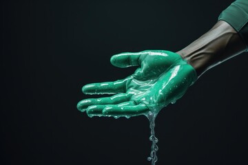 Surgeon showing wet hand with dripping water from green surgical glove on a dark background, concept of hand hygiene and surgery