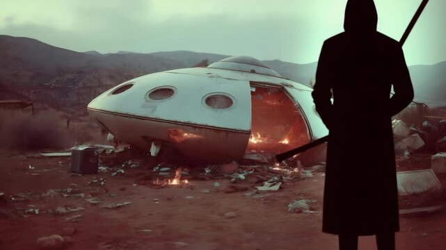 A saucer-shaped UFO wreck in a desert, flames visible inside the open hatch, debris scattered around the crash site.